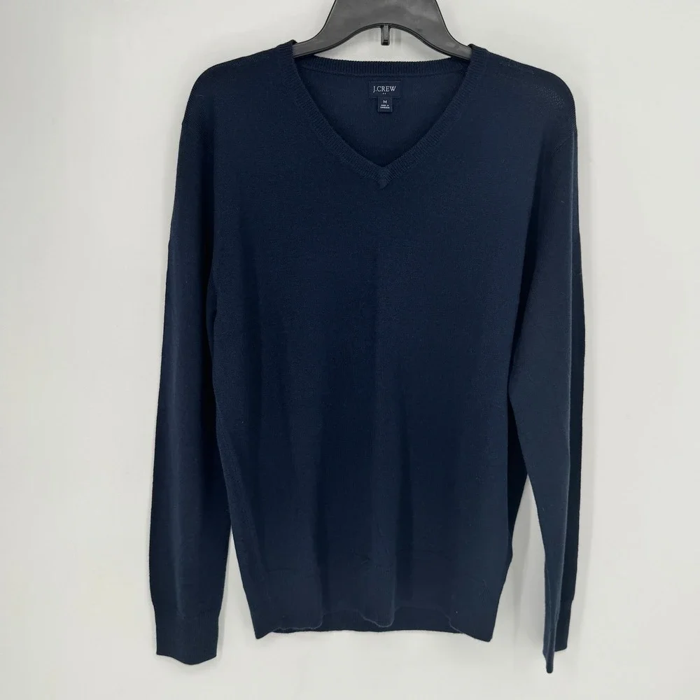 J.Crew Mens Navy Blue Merino Wool Blend V-Neck Sweater Size Medium Fine Knit
